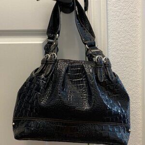 Large JESSICA SIMPSON Satchel PURSE * SHINY BLACK PATENT LEATHER embossed CROC